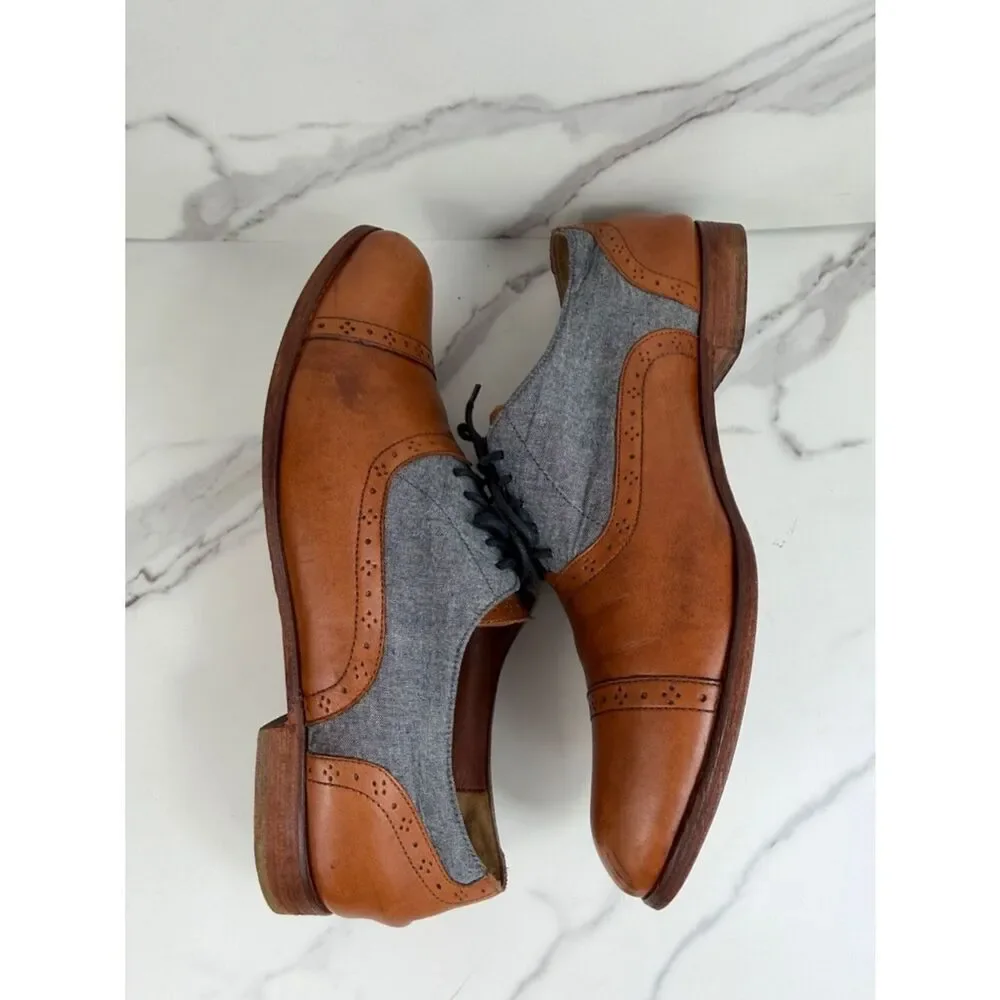 Cole Haan Men’s 10.5 Brown Leather Gray Canvas Cap Toe Oxford Shoes